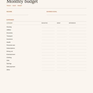 May include: A monthly budget planner page with a cream background and dark text. It features sections for income, savings goals, and a detailed expense table with columns for category, budgeted, spent, and difference. Text includes Monthly budget, Track, Save, Invest, and Aurora planners.