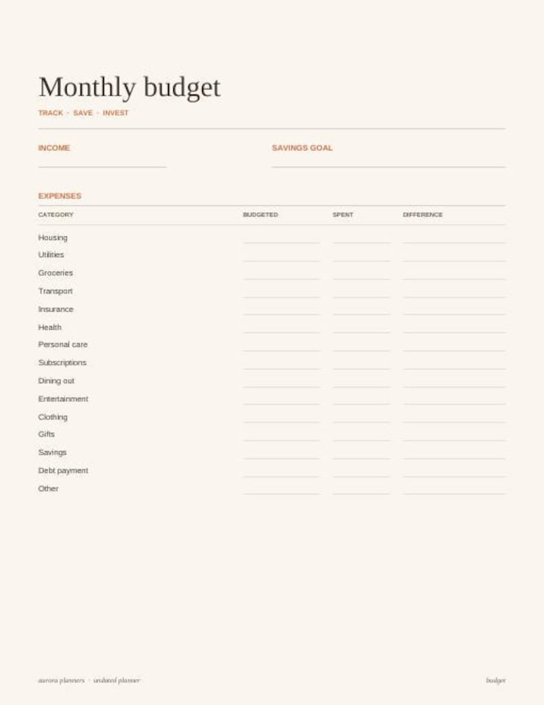 May include: A monthly budget planner page with a cream background and dark text. It features sections for income, savings goals, and a detailed expense table with columns for category, budgeted, spent, and difference. Text includes Monthly budget, Track, Save, Invest, and Aurora planners.