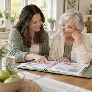 May include: A large green three-ring binder lies open on a wooden table, containing pages with printed photographs and text. A white ceramic mug with a green botanical pattern and a bowl of green apples sit nearby on the table surface.
