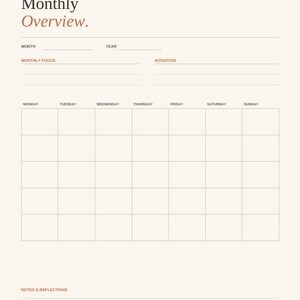 May include: A monthly planner page with a cream background and dark text. It features the headers Month One, Monthly Overview, Month, Year, Monthly Focus, Intention, a seven-column calendar grid, Notes & Reflections, and Aurora Planners at the bottom.