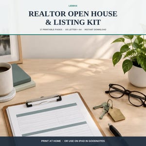 May include: A digital realtor open house and listing kit featuring 17 printable pages in US letter and A4 sizes. The kit includes a clipboard with a form, a black pen, eyeglasses, a house-shaped keychain with keys, and a potted plant.