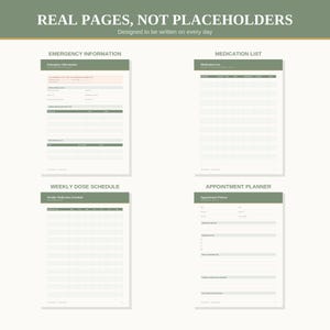 May include: Four white planner pages with sage green headers and borders. The pages are titled Emergency Information, Medication List, Weekly Dose Schedule, and Appointment Planner. The text REAL PAGES, NOT PLACEHOLDERS is at the top.