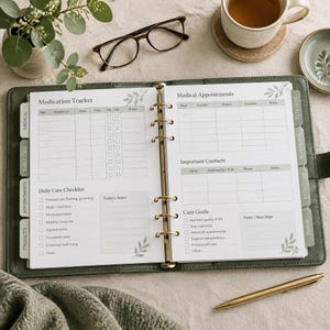 May include: An open sage green six-ring binder planner featuring printed pages for a Medication Tracker, Medical Appointments, Important Contacts, Daily Care Checklist, and Care Goals, with labeled tab dividers and a gold-toned metal ring mechanism.