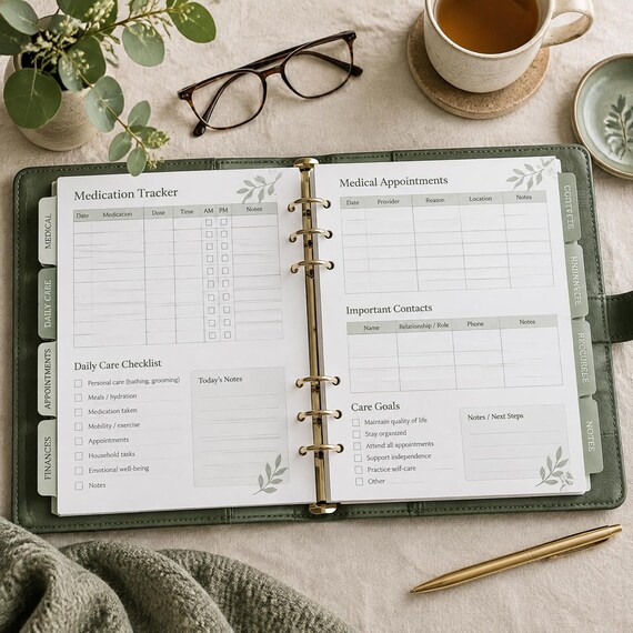 Caregiver Organizer for Aging Parents Printable | Elderly Care Binder Medical Medication Appointment Tracker | 53 Page PDF A4 Letter