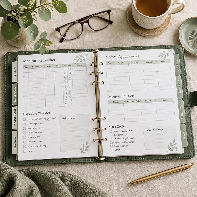 May include: An open sage green six-ring binder planner featuring printed pages for a Medication Tracker, Medical Appointments, Important Contacts, Daily Care Checklist, and Care Goals, with labeled tab dividers and a gold-toned metal ring mechanism.