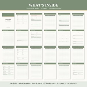 May include: A collection of 53 printable caregiver organizer pages featuring a sage green and white color scheme. The sheets include various templates for medical records, medication logs, appointment trackers, daily care charts, and expense reports.