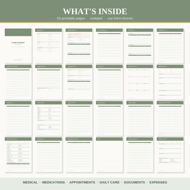 May include: A collection of 53 printable caregiver organizer pages featuring a sage green and white color scheme. The sheets include various templates for medical records, medication logs, appointment trackers, daily care charts, and expense reports.