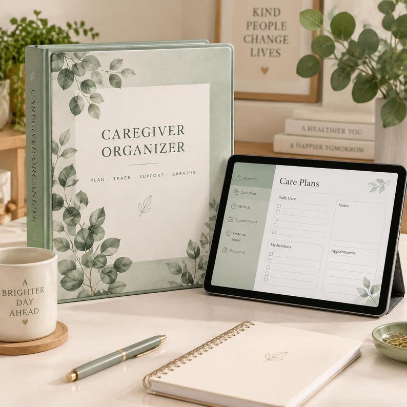 May include: A sage green binder titled Caregiver Organizer with eucalyptus leaf illustrations, a tablet displaying a Care Plans digital interface, a cream-colored mug with the text A Brighter Day Ahead, a pen, and a spiral-bound notebook.