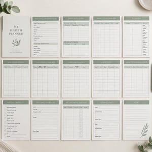 May include: A health planner set featuring a cover titled My Health Planner with a leaf graphic and fifteen individual pages. Each page has a sage green header and includes trackers for personal information, medical history, medications, and appointments.