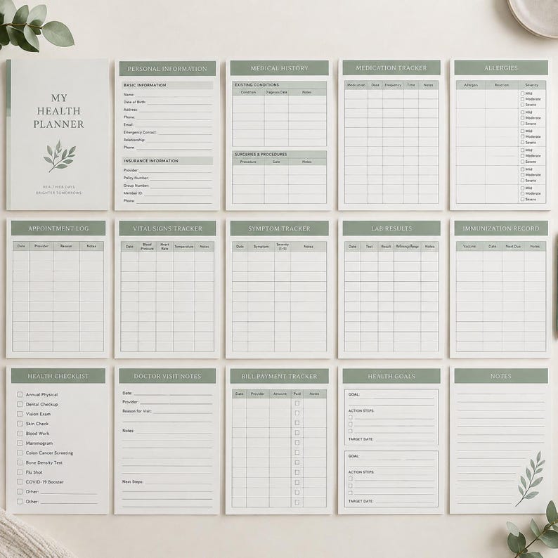 May include: A health planner set featuring a cover titled My Health Planner with a leaf graphic and fifteen individual pages. Each page has a sage green header and includes trackers for personal information, medical history, medications, and appointments.