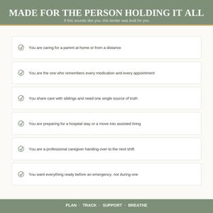 May include: A white informational graphic with olive green headers and footers. The text reads: MADE FOR THE PERSON HOLDING IT ALL, If this sounds like you, this binder was built for you, followed by six bullet points with checkmarks and PLAN TRACK SUPPORT BREATHE.