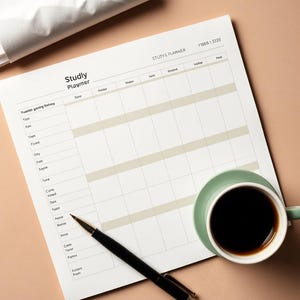 May include: A white paper study planner with black text and grid lines, featuring the title Studly Playmer and the code F108613220. A black ballpoint pen rests diagonally across the page, and a light green ceramic cup filled with black coffee sits nearby.