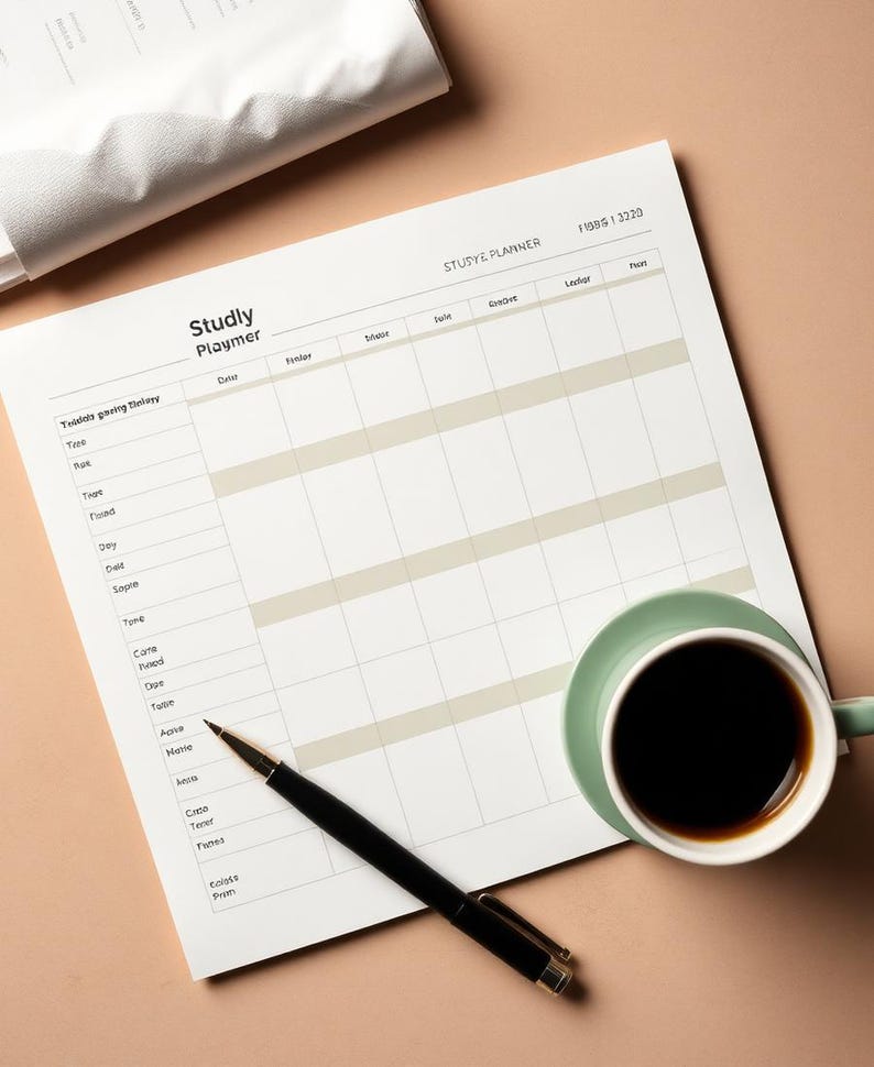 May include: A white paper study planner with black text and grid lines, featuring the title Studly Playmer and the code F108613220. A black ballpoint pen rests diagonally across the page, and a light green ceramic cup filled with black coffee sits nearby.