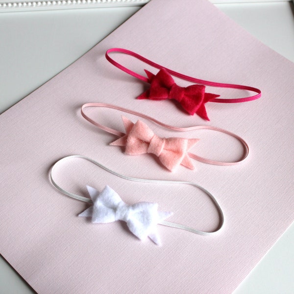 Preemie Headband Set, Tiny Felt Bow Headbands in Light Pink, Shocking Pink and White Bows on Skinny Headbands.