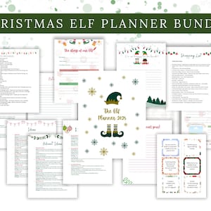 May include: A Christmas Elf Planner Bundle with various pages, including a shopping list, advent ideas, and the text "The Elf Planner 2025." The design features elf-themed illustrations, snowflakes, and festive colors.