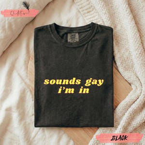 May include: Black t-shirt with the text "sounds gay i'm in" in yellow lettering. The shirt is folded on a wooden surface, with a cream-colored blanket in the background. The word "BLACK" is written in a pink rectangle.