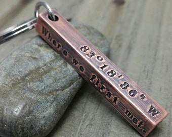 Coordinates Keychain - Copper Bar Keychain - Latitude Longitude Keychain - Hand Stamped Keychain - GPS Coordinates - Men's Keychain
