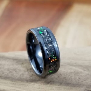 Green Glow Black Fire Opal Meteorite Black Ceramic Glow Ring - Glow In The Dark - Black Wedding Band - Engagement Ring - 8mm ring - 6mm Ring