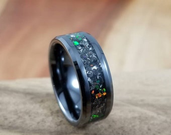 Green Glow Black Fire Opal Meteorite Black Ceramic Glow Ring - Glow In The Dark - Black Wedding Band - Engagement Ring - 8mm ring - 6mm Ring