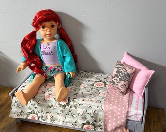 Floral Reversible 18” American Girl Doll Bedding Set with Pillows.