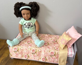 Vintage Rose Reversible 18” American Girl Doll Bedding Set with Pillows.