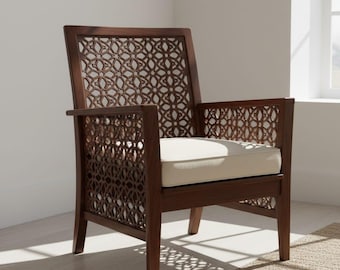 Luxury Wooden Armchair Handmade with Cushion | Hand Carved Designer Chair | Premium Living Room Furniture | Elegant Accent Seating | Premium