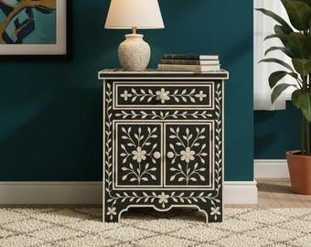 Bone Inlay Nightstand | Handmade Bedside Table with Drawer | Floral Inlay Side Cabinet | Boho Bedroom Furniture | Luxury Accent Table