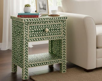 Bone Resin Inlay Nightstand | Handmade Bedside Table with Drawer | Resin Inlay Accent Table for Bedroom, Bedside Storage & Luxury Home Decor