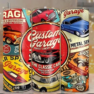 May include: Three stainless steel tumblers with classic car designs. Each tumbler displays vintage car graphics and text such as "Garage", "Custom Garage", and "Retro Vehicle Service". The tumblers have a straw and are designed for cold drinks.