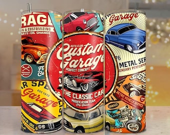 Retro Garage Classic Car Tumbler Wrap PNG: Seamless Sublimation Design (Digital File)