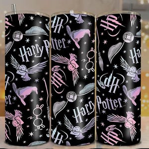 May include: Black tumbler featuring a repeating pattern of Harry Potter-themed graphics. The design includes owls, glasses, a sorting hat, and the words "Harry Potter" in a stylized font. The accents are in pastel pink and purple.