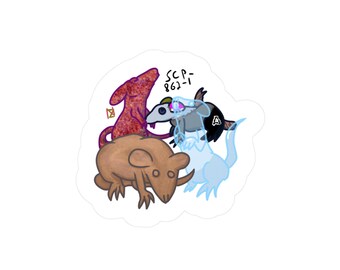 May include: A sticker featuring a group of cartoonish creatures in shades of red, brown, black, and blue. The sticker has the text "SCP-862-1" written on it.