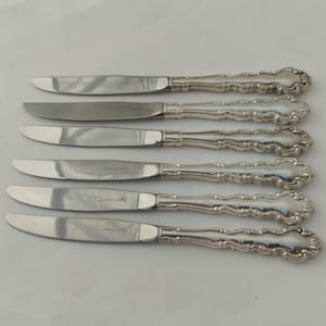May include: Six silver butter knives with decorative handles. The blades are smooth and polished, and the handles feature a detailed, flowing pattern. The word "Community" is etched on each blade. These knives are likely part of a formal dining set.