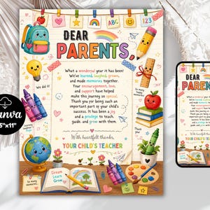 Editable End of School Year Letter to Parent, Last Day Of School Gift, Teacher Gift to parents, Parent Teacher Card, End Of Year Gift