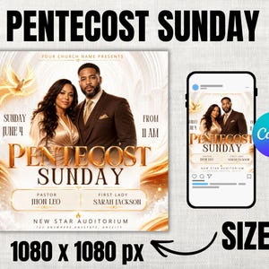 Op de afbeelding: Een promotionele afbeelding voor "Pinksterzondag" met een stel in formele kleding. Het ontwerp bevat gouden en witte accenten, evenementdetails en de tekst "Pinksterzondag" in grote, vette letters. Een kleinere versie wordt op een smartphone weergegeven.