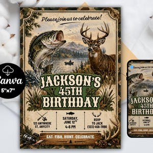 May include: A rustic invitation for Jackson's 45th birthday, featuring a leaping bass and a deer against a scenic lake backdrop. The design includes the text "Please join us to celebrate!" and event details. The invitation is 5"x7".