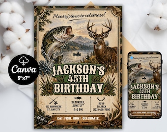 Può includere: Un invito rustico per il 45° compleanno di Jackson, con un basso che salta e un cervo sullo sfondo di un lago. Il design include il testo "Please join us to celebrate!" e i dettagli dell'evento. L'invito misura 12.7cm x 17.8cm.