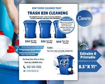 Plantilla editable para folleto de limpieza de contenedores de basura / Plantilla para negocio de lavado de cubos de basura (8,5 x 11 pulgadas)