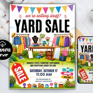 Könnte beinhalten: Ein Flohmarkt-Flyer mit bunten Wimpeln, Kleiderstangen, einem Holztisch mit Haushaltsgegenständen und dem Text we're selling stuff! YARD SALE, GADGETS | TOYS | FURNITURE | APPLIANCES AND EVERYTHING UNDER THE SUN! SAMSTAG, 17. OKTOBER, 11:00 UHR.
