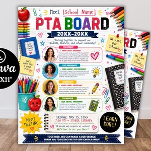 Op de afbeelding: Een kleurrijke flyer-sjabloon voor de ouderraad met schoolbenodigdheden zoals potloden, notitieboekjes en appels. Het bevat secties voor de voorzitter, vicevoorzitter, secretaris en penningmeester met ronde portretfoto's en tekstvakken.