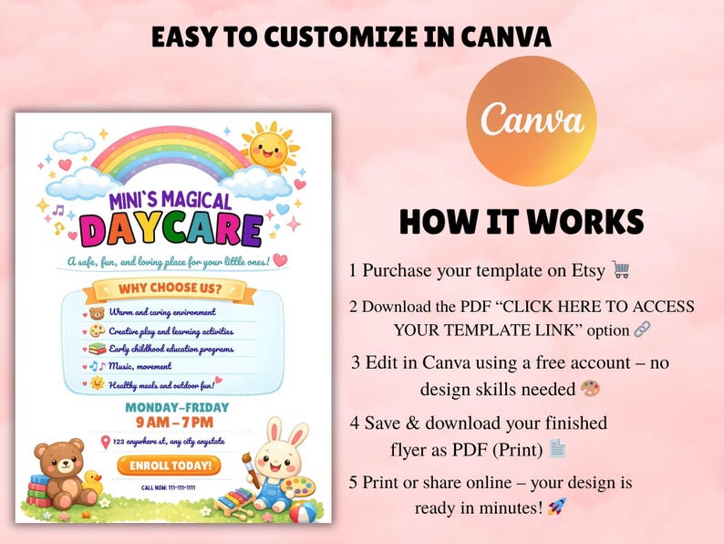 Daycare Flyer Template Editable Canva Colorful Preschool Childcare ...