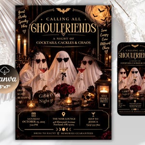 Op de afbeelding: Een Halloween-feestuitnodigingssjabloon met drie geesten die hartvormige zonnebrillen dragen en cocktails vasthouden. De tekst luidt Calling All Ghoulfriends, A Night of Cocktails, Cackles & Chaos, inclusief evenementdetails voor 25 oktober 2025 in The Noir Lounge, 418 Elmwood Avenue, Portland, OR.