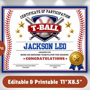 May include: A white T-Ball certificate of participation featuring a baseball, two crossed bats, and gold stars. The text reads Certificate of Participation, T-Ball, Jackson Leo, Awarded for being an awesome team player this season, Congratulations.