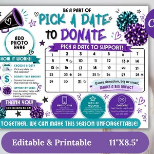 Allzweck-Spendenkalender, wählen Sie ein Datum aus, um Spenden zu spenden, Spendenvorlage, Spenden-Flyer, bearbeitbare Spendenvorlage