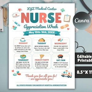 Editable Nurse Appreciation Week Flyer | Nursing Itinerary Template | Canva Printable | Nurse Event Schedule