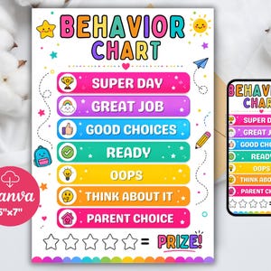 May include: A colorful behavior chart with the text BEHAVIOR CHART at the top. It features seven horizontal bars in pink, purple, blue, green, yellow, orange, and pink, labeled with phrases like SUPER DAY, READY, and PARENT CHOICE, plus five stars.