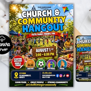 May include: A flyer for a Church & Community Hangout event on August 1st from 3:00-6:00 PM. The design features a park scene with people, a grill, and a kite. Icons represent food, games, friends, and prayer. Includes space for venue and contact details.