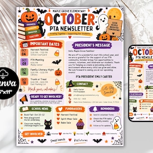Könnte beinhalten: Eine druckbare Oktober-Newsletter-Vorlage für die Maple Grove Grundschule mit Halloween-Motiven wie Kürbissen, Geistern und schwarzen Katzen. Das Layout enthält Abschnitte für wichtige Termine, eine Nachricht des Präsidenten und Schulnachrichten.