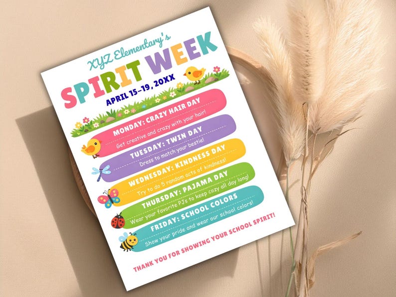Spring Spirit Week Examples Spring Spirit Week Flyer Canva Template, School Spirit Schedule - Etsy