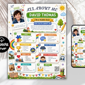 May include: An 8.5x11 inch All About Me poster for David Thomas, age 6, featuring a photo, fun facts, and numbered sections detailing communication, strengths, triggers, interests, and contact info, decorated with colorful icons like a rainbow and sun.